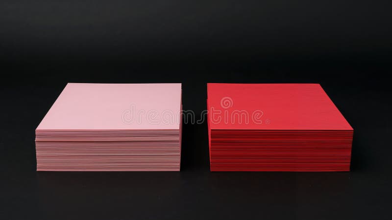 Two stacks of colored paper. one is pink and the other is red, on a black background. stock image