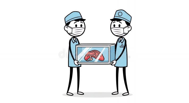 Two stick figure medical staff in light blue uniforms and caps are carefully transporting a brain inside a clear container. This cartoon-style illustration against a white background symbolizes. Cartoon neurologist illustrations