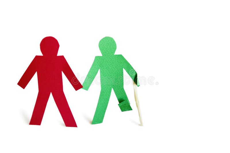 Two stick figures holding hands one with an injury over white background st...