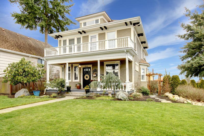 Two Story American House With White Column Porch Stock 