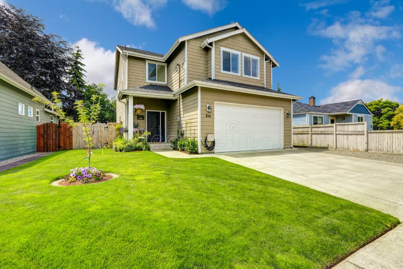 Two Story House Exterior With Front Yard Landscape Stock 