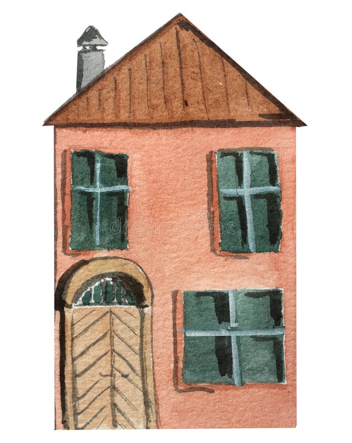Two-story red house with a large door on a white background. watercolor illustration for design stock illustration Two-story red house with a large door on a white background. watercolor illustration for design stock illustration