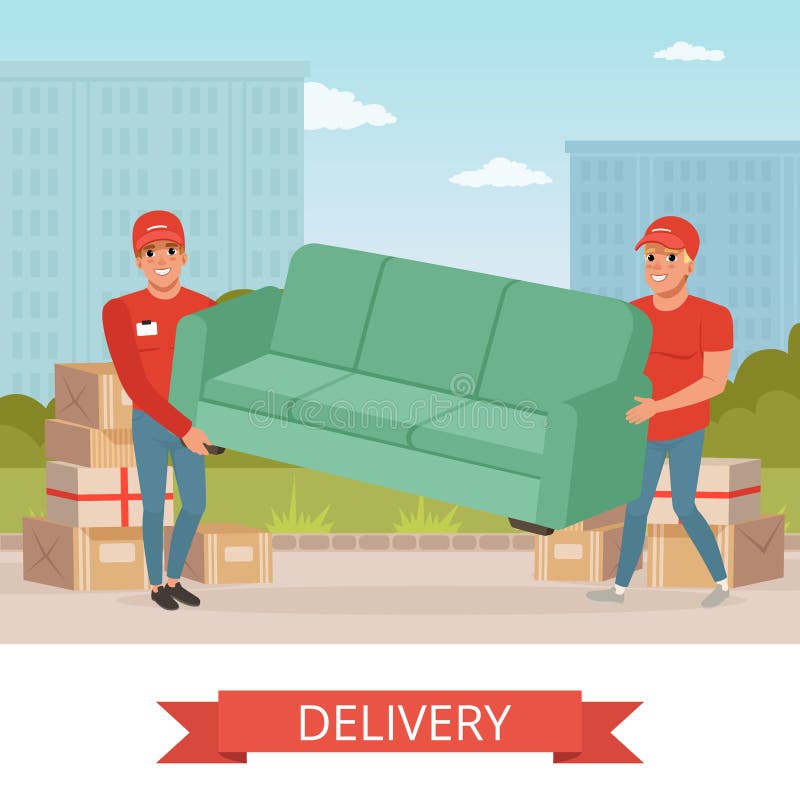 Strong guys carrying sofa. Cartoon couriers characters. Express delivery. Relocation and moving service. Transportation stock illustration Strong guys carrying sofa. Cartoon couriers characters. Express delivery. Relocation and moving service. Transportation stock illustration