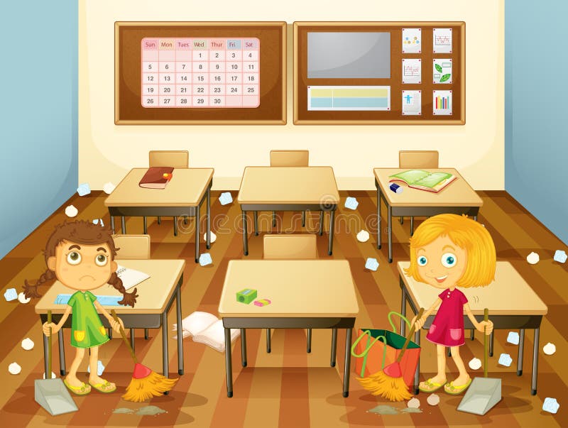 Two Students Cleaning the Classroom Stock Vector - Illustration of