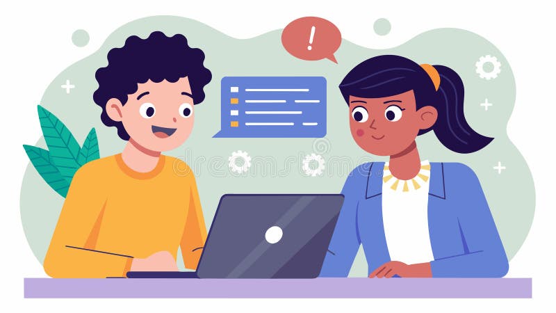 Two students excitedly debugging their code trying to fix the missing semicolon thats causing an error.. Vector royalty free illustration