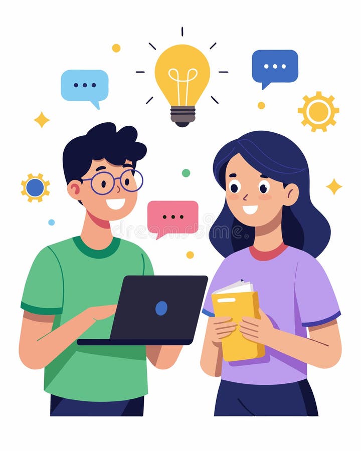 Two students excitedly discuss and brainstorm new ideas for their virtual assistants their coding notebooks filled with stock illustration
