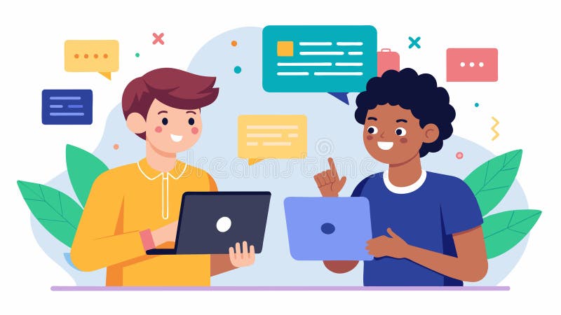 Two students excitedly show off their personalized coding projects to one another exchanging ideas and tips for future vector illustration