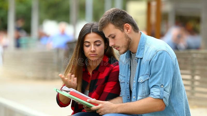 Two students learning together in a park stock footage