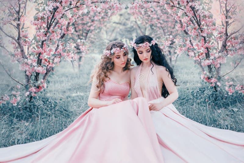 Two Stunning Elf are Sitting in the Fabulous Cherry Blossom Garden.  Princesses in Luxurious, Pink Dresses Stock Photo - Image of magical,  fairytale: 122501896