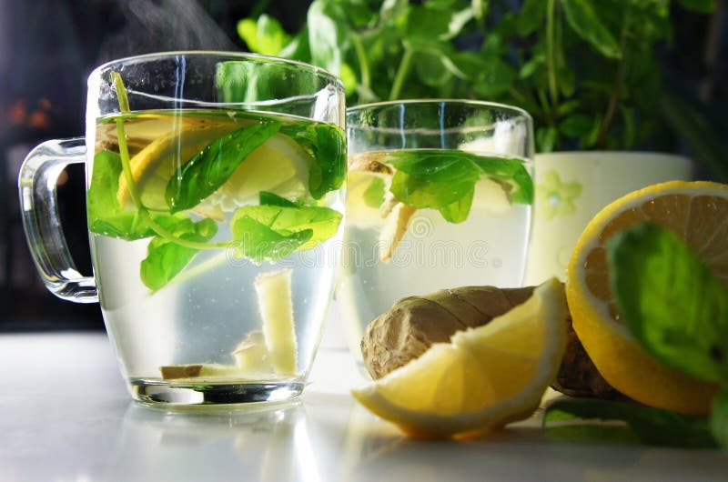 Two Teacups with Fresh Peppermint, Ginger and Lemon Stock Image Image