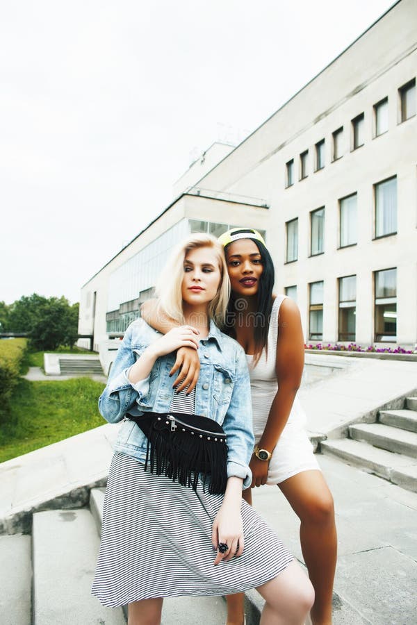 Two Teenage Diverse Nations Girls Infront of University Building ...