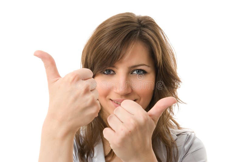 Two thumbs Up. Young business woman smile.