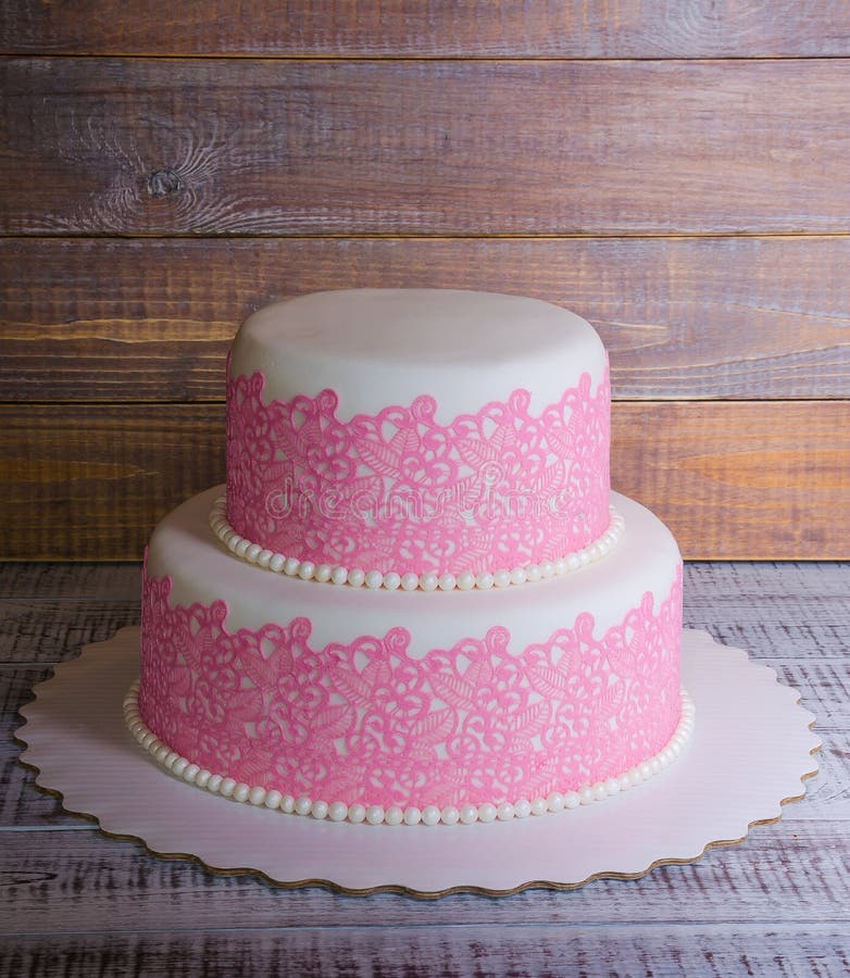 Twotier Fondant Wedding Lace Cake with Bear and Bunny Stock Photo