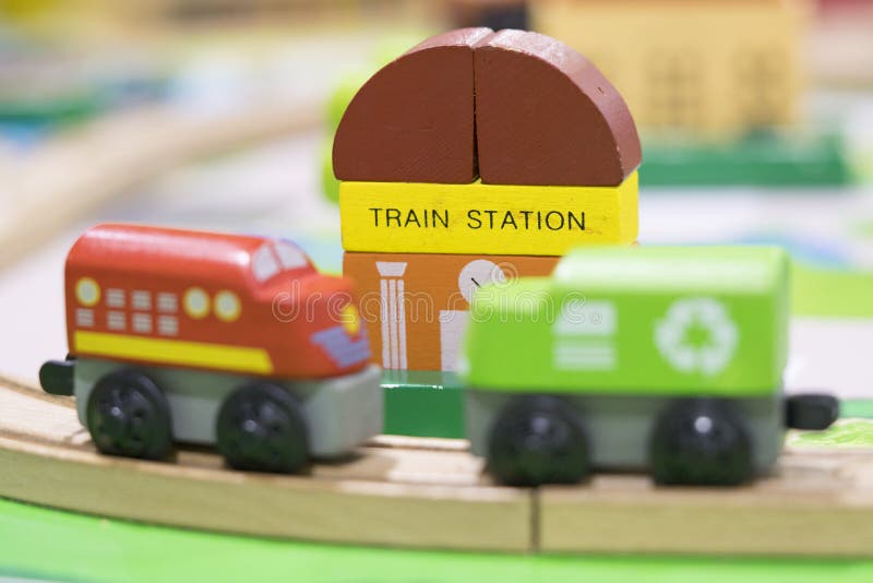 Two Train Wooden Toy with Train Station royalty free stock photos Two Train Wooden Toy with Train Station royalty free stock photos