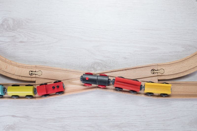 Two Trains at Junction on Wooden Track Stock Image Image of points