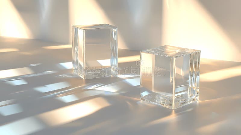 Two transparent glass cubes are placed on a smooth, reflective surface. stock illustration