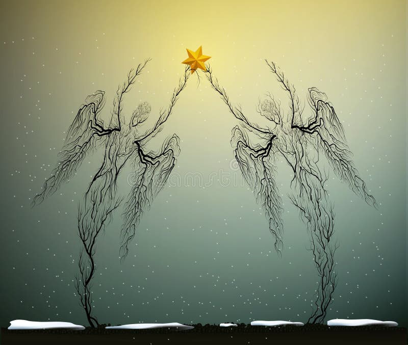 Two tree silhouettes like a angels holding red Christmas star in snowing weather, Christmas icon concept, people like royalty free illustration Two tree silhouettes like a angels holding red Christmas star in snowing weather, Christmas icon concept, people like royalty free illustration