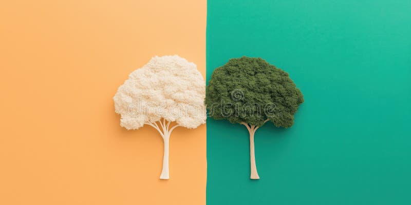 Two trees side by side on split orange and green background, symbolizing contrast vector illustration
