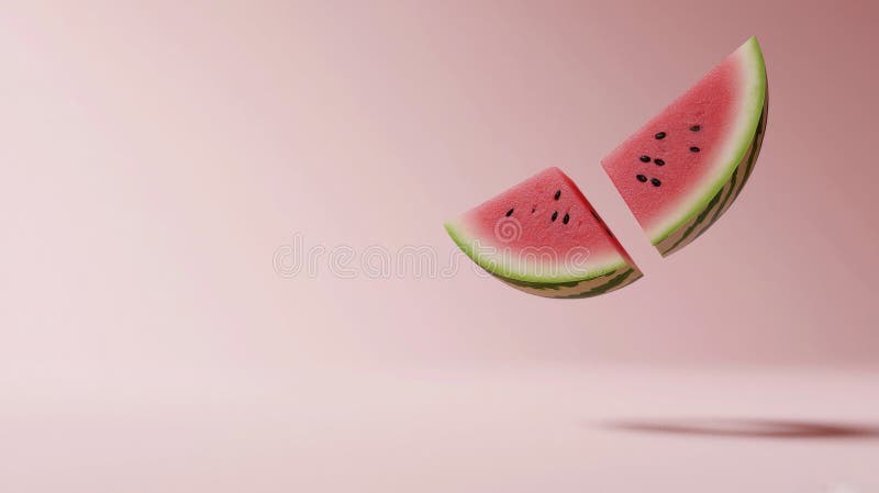Two triangular slices of fresh, ripe watermelon hover against a vibrant pink backdrop, creating a visually appealing and refreshing summery scene. Triangular cut watermelon stock images, royalty-free photos and pictures