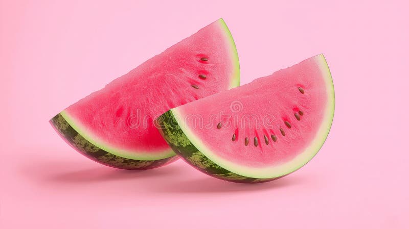Two triangular slices of juicy watermelon, adorned with visible seeds, rest on a vibrant pink backdrop, offering a refreshing and summery aesthetic perfect for food photography. Triangular cut watermelon stock images, royalty-free photos and pictures