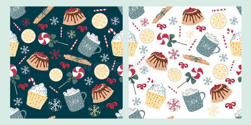 Two various vector seamless pattern of Christmas sweets. Christmas seamless background with cupcakes, lollipops, marshmallows, sno