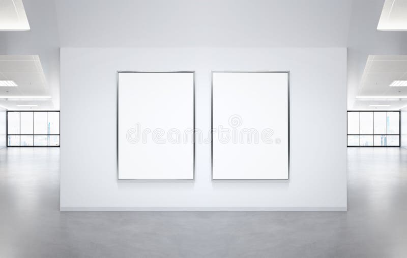 Two vertical frames Mockup hanging on office wall. Mock up of a billboards in modern company interior