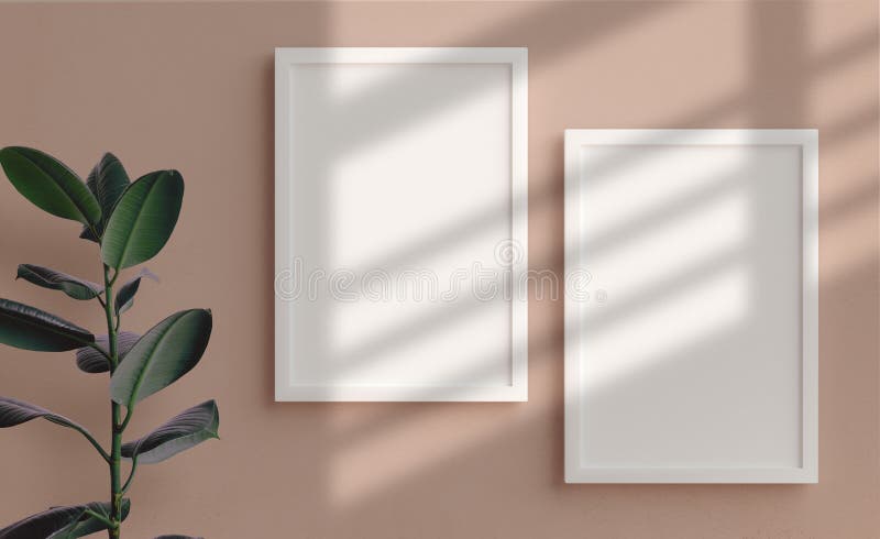 Two vertical picture frames mockup in white hanging on the wall in 3D rendering. Elegant home interior design, blank empty frame