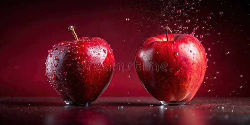 Two vibrant red apples glistening with water droplets against a deep crimson backdrop. A dynamic splash of water adds to the vector illustration
