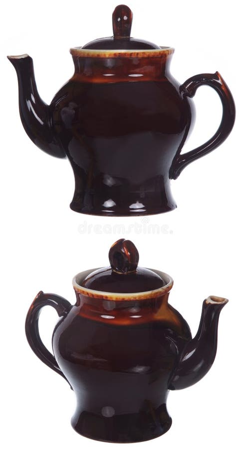 Two Views of Big Brown Tea Pot Isolated on White Stock Image Image of