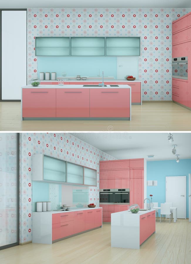 Two Views of Modern White Kitchen Interior Design Stock Illustration