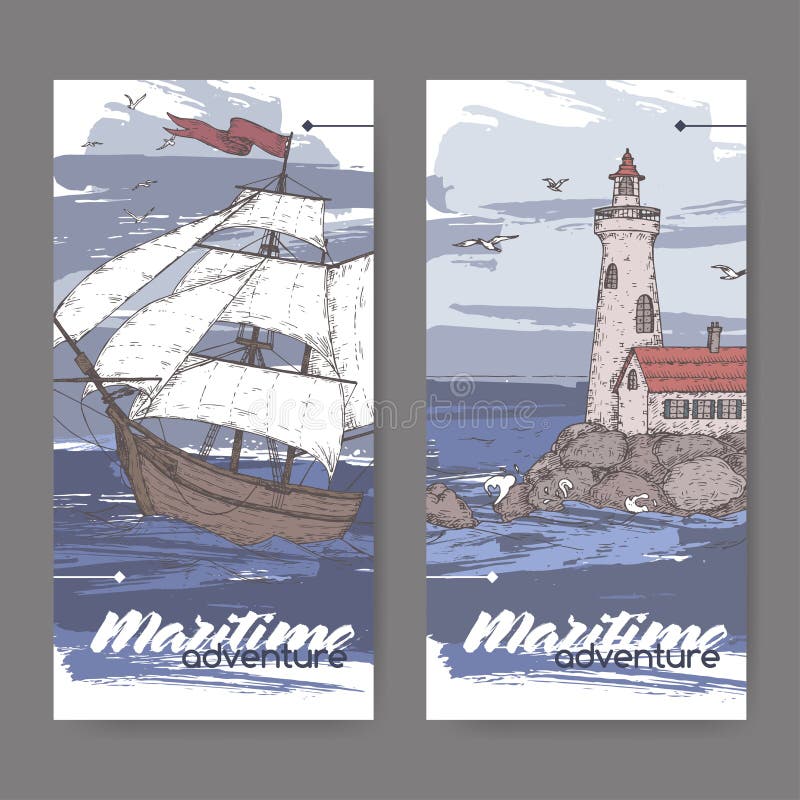 Two vintage color banners with tall ship and lighthouse sketch. Maritime adveture series.