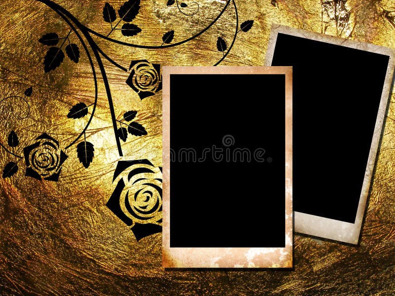 Two vintage photo frames on golden background