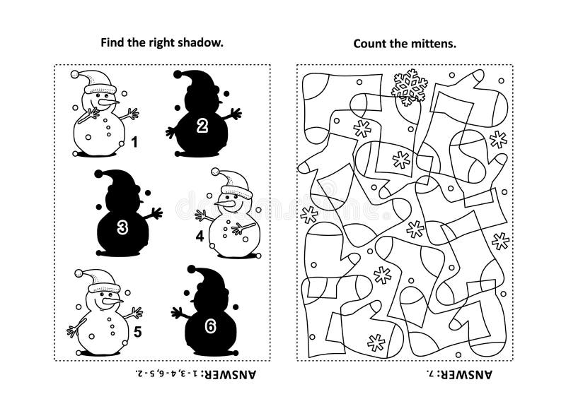 Two visual puzzles and coloring page for kids. Find the right shadow for each picture of snowman. Count the mittens. Black and white. Answers included. Two visual puzzles and coloring page for kids. Find the right shadow for each picture of snowman. Count the mittens. Black and white. Answers included.