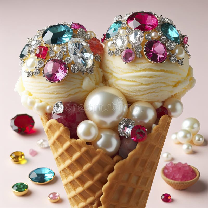 Two Waffle Cones with Vanilla Ice Cream Topped with an Opulent Array of