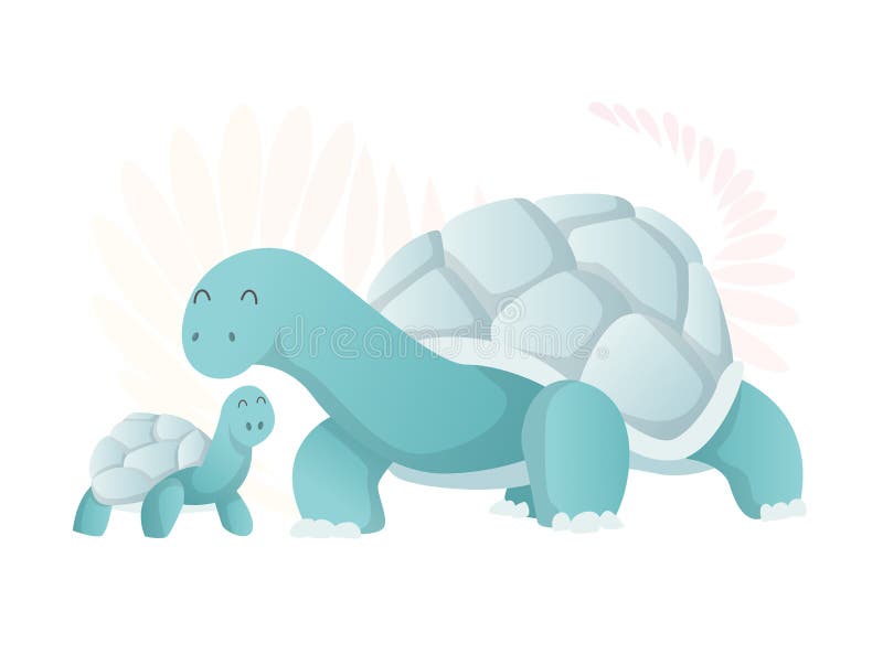 Two walking turtle. Animals mom and baby. Cartoons cute animals in flat style. Print for clothes. Vector illustration