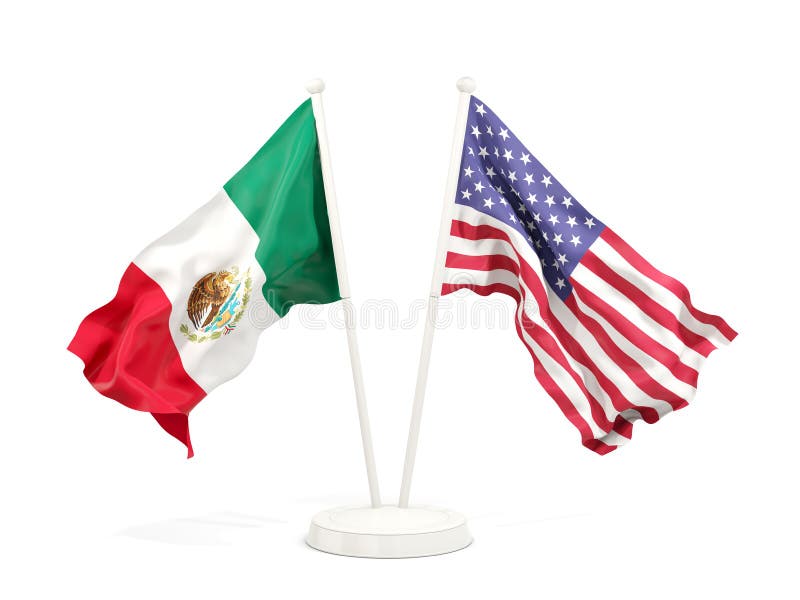 Two waving flags of Mexico and United States isolated on white stock illustration