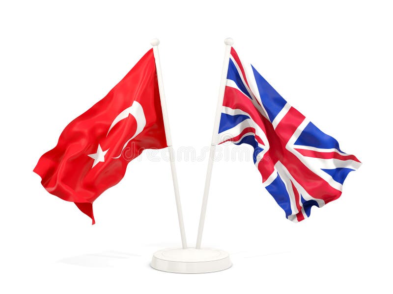 Two waving flags of Turkey and UK isolated on white vector illustration