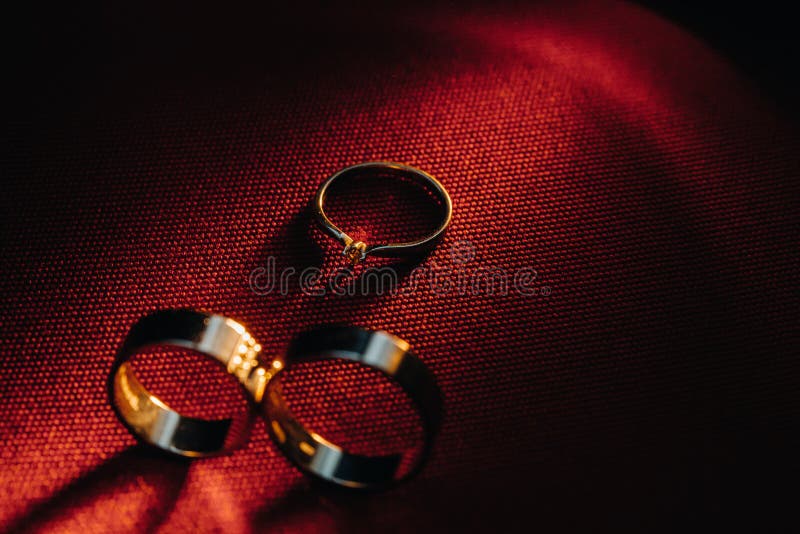 Two Wedding Rings and One Engagement Ring on a Red Background. Three Gold  Rings of a Couple in  of Love Stock Image - Image of flower,  beauty: 190524517