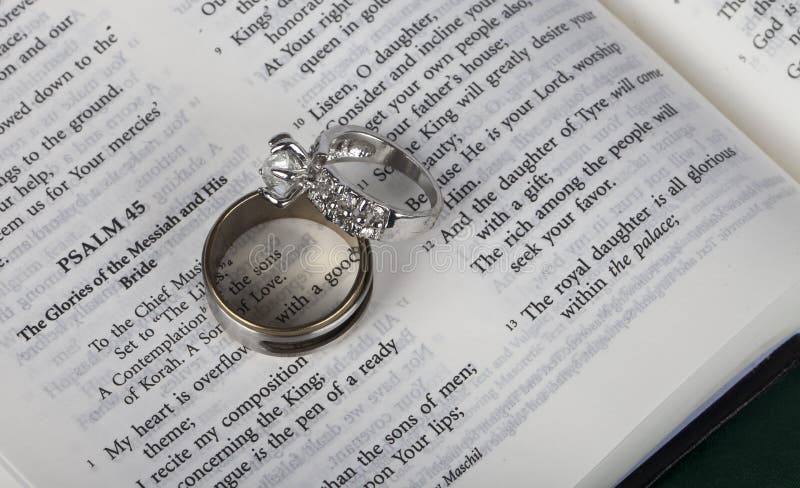 Two Wedding Rings on an Open Holy Bible Stock Photo - Image of verse
