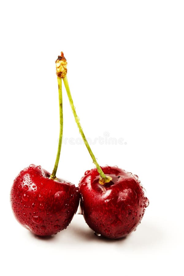 Two wet cherries