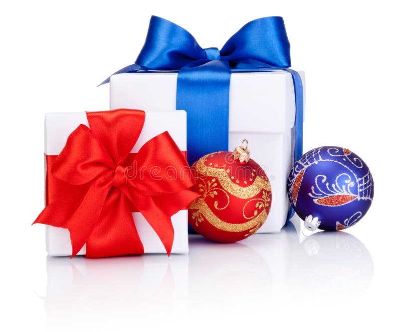 Two White Boxs Tied With Red And Blue Satin Ribbon Bow, Christmas Balls On White Background ...