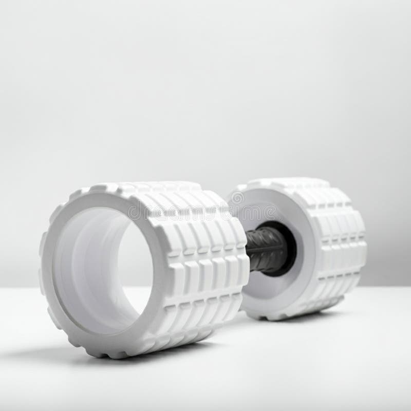 Two white cylindrical objects with a textured grid pattern rest side by side on a smooth surface. Each cylinder appears hollow, resembling large rollers. A black handle connects them, suggesting a structure like a dumbbell. The overall design is sleek and modern, highlighting the contrast between the white exterior and the black connecting element. The background is plain, emphasizing the objects' clean lines and functionality, indicative of exercise or rehabilitation equipment. Plain objects illustrations