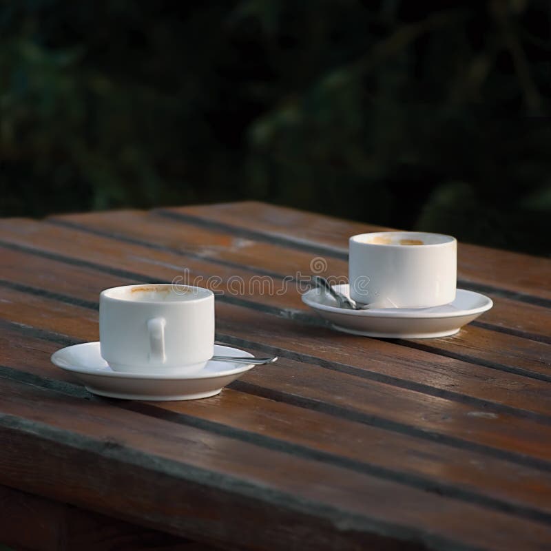 Two white empty espresso coffee cups on table