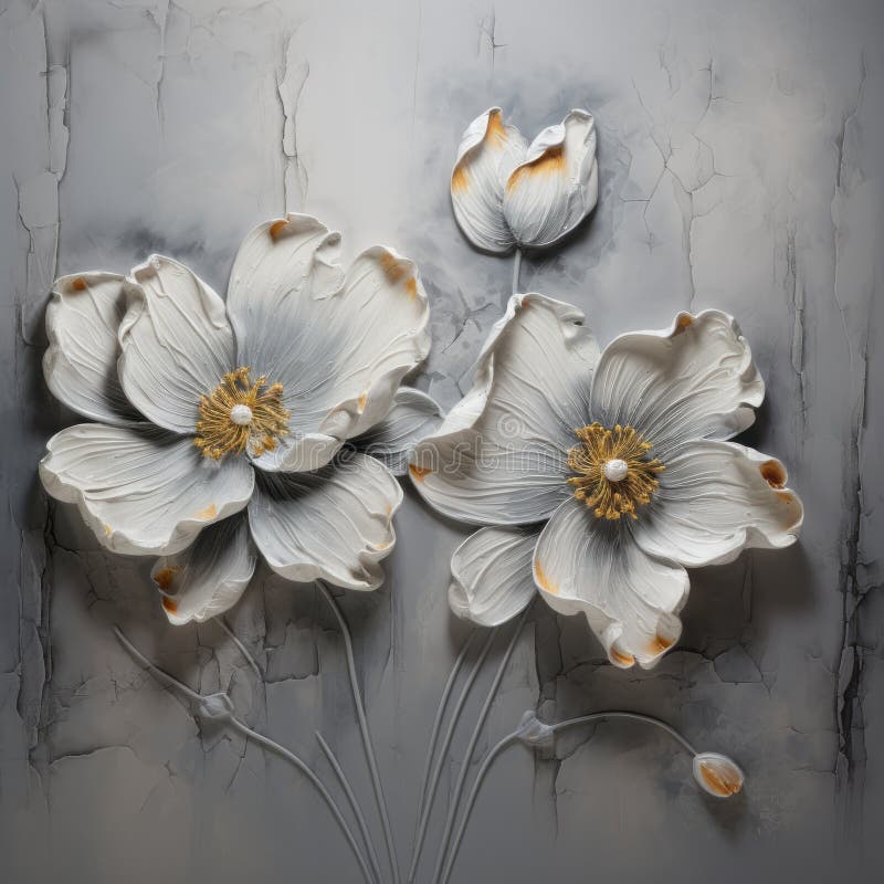 Meticulous Realism: White Flower Art On Concrete Surface