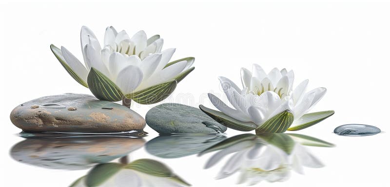 Two white lotus flowers with smooth stones on a white background with reflection. The SPA concept stock illustration