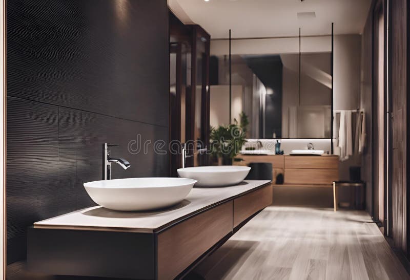 Two White Sinks Sit on the Counter of this Modern Bathroom Stock