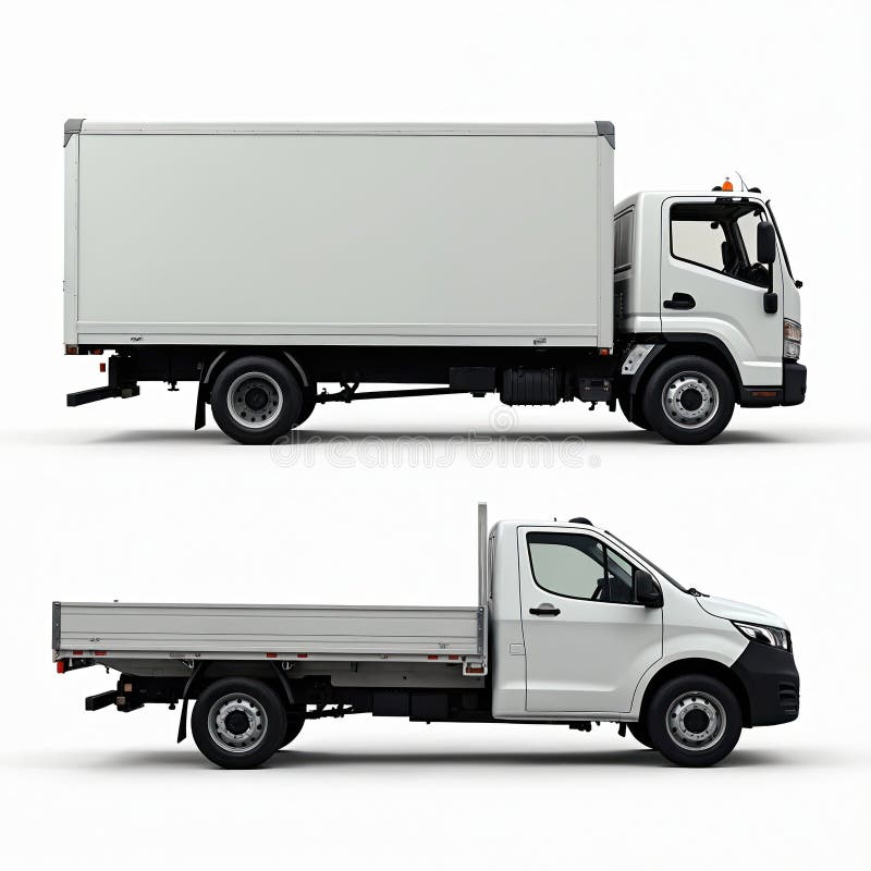 Two white utility trucks presented in profile view against a clean white backdrop. One truck features a closed cargo box, the stock illustration