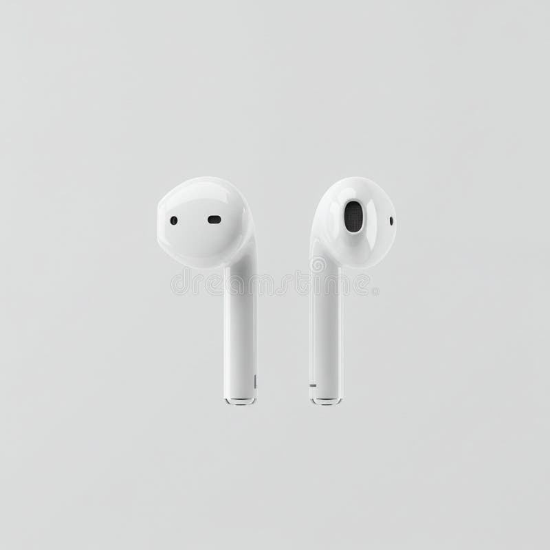 Two white wireless earbuds with a smooth, glossy finish, featuring distinct charging vector illustration