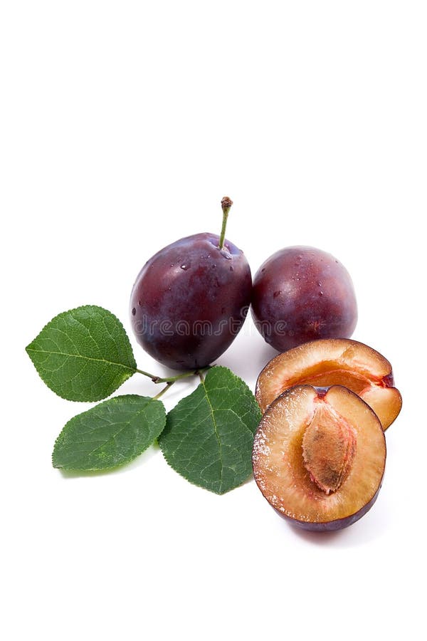 Fresh plums with leaves Stock Photo by katrinshine