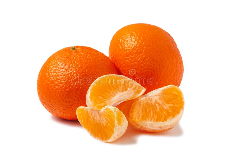 Two Whole Tangerine And Peeled Mandarin Slices Isolated On White